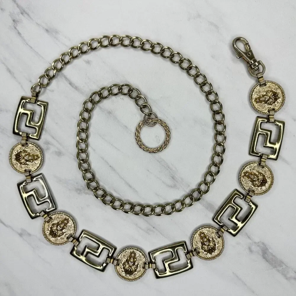 Vintage Gold Tone Greek Key Lion Head Medallion Chain Link Belt Small S Medium M